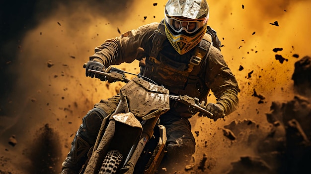 A motorcyclist on a motorcycle quickly rides through the dirt and dust