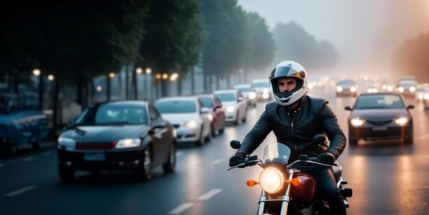 Photo motorcyclist on a motorcycle in traffic jams rides in the city on a hot day