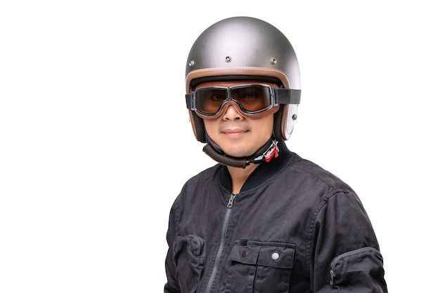 Motorcyclist or rider wearing vintage helmet