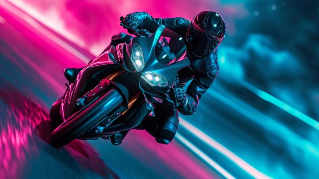 A motorcyclist rides fast in neon lights