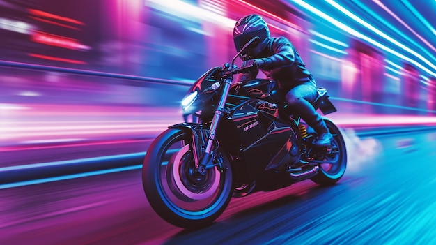 A motorcyclist rides fast in neon lights