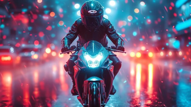 A motorcyclist rides fast in neon lights