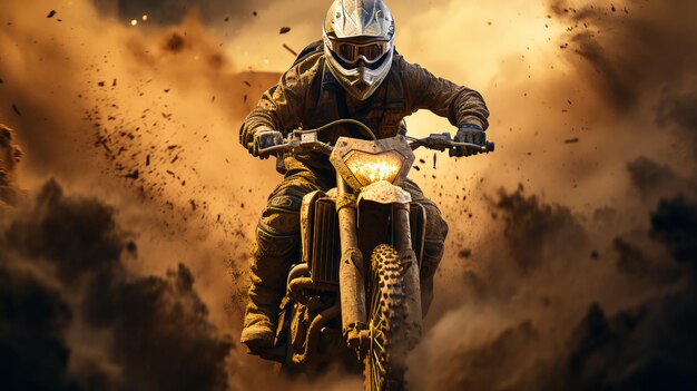 Motorcyclist rides a rally motorcycle through mud and sand on the offroad during a motocross race