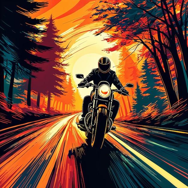A motorcyclist riding down a scenic road surrounded by autumn foliage and trees with the sun setting in the background