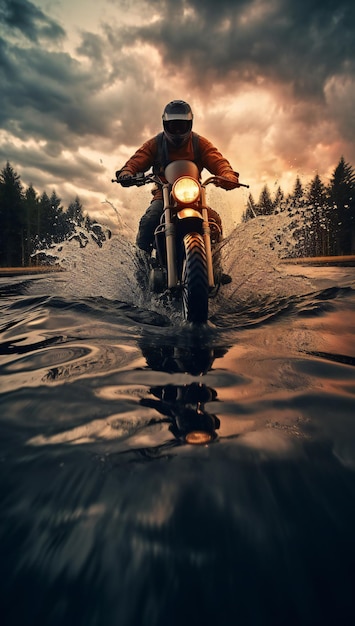 Motorcyclist riding a motorbike on a flooded road at sunset