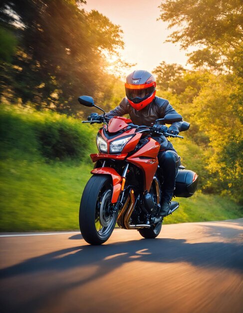 Foto motociclista che guida una moto su una strada di campagna al tramonto