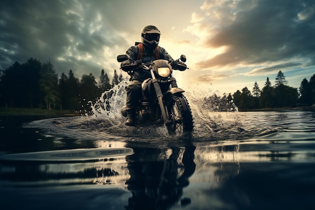 Motorcyclist riding on a motorcycle on a lake at sunset