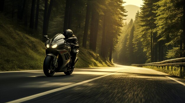 Photo motorcyclist riding on a scenic autumn road surrounded by golden foliage