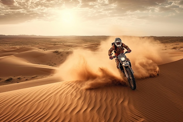 A motorcyclist riding through the desert with the sun setting behind him.