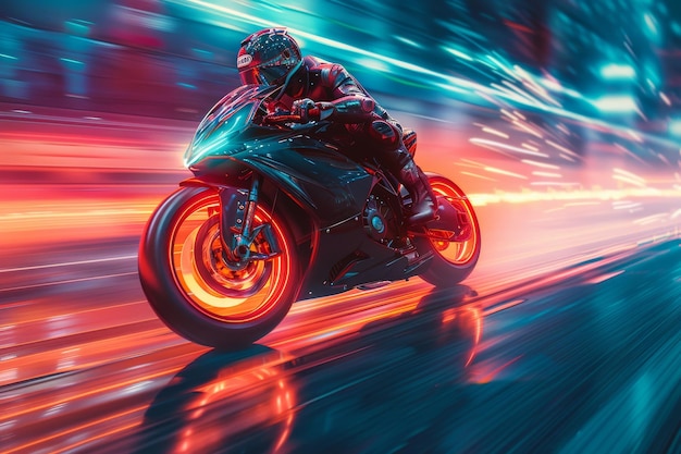 Motorcyclist speeding on a vibrant track with motion blur