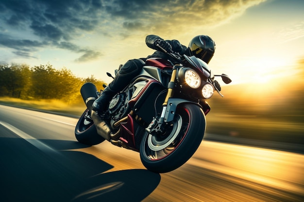 Мотоциклист ускоряется по дороге на мощном мотоцикле