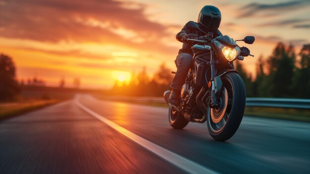 A motorcyclist travels fast on an american road at sunset