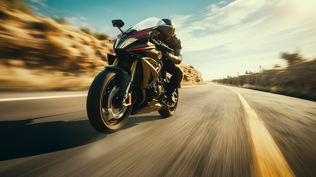 Motorcyclists riding at sunset dynamic angle with motion blur on an open road