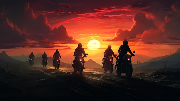 Мотоциклисты на дороге при заходе солнца