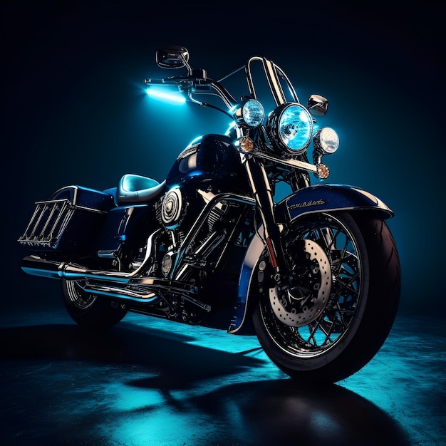 Motorfiets op een donkere achtergrond met een blauw licht 3D-rendering