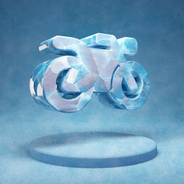 Motorfiets pictogram. Gebarsten blauw Ice Motorcycle-symbool op blauw sneeuwpodium. Social Media Icon voor website, presentatie, ontwerpsjabloon element. 3D render.