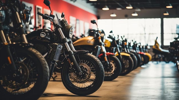 Motorfietsen gerangschikt in de dealership, beeld gegenereerd door AI