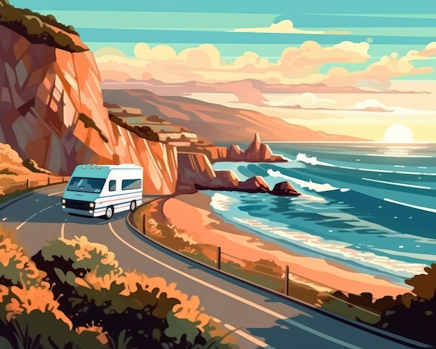 バンライフと放浪心を体現する海岸沿いを走るキャンピングカー イラストジェネレーティブAI