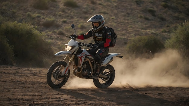 A motorist rides their bike over rough terrain