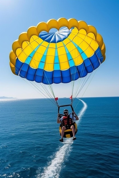 A motorized paraglider flies over the sea the ocean beach recreation summer and hobbies
