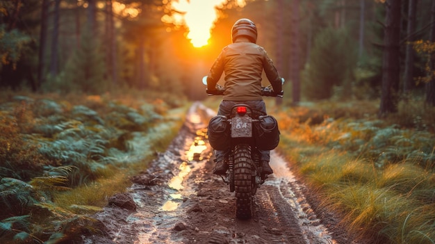 Motorrijder op een modderige bosweg bij zonsondergang