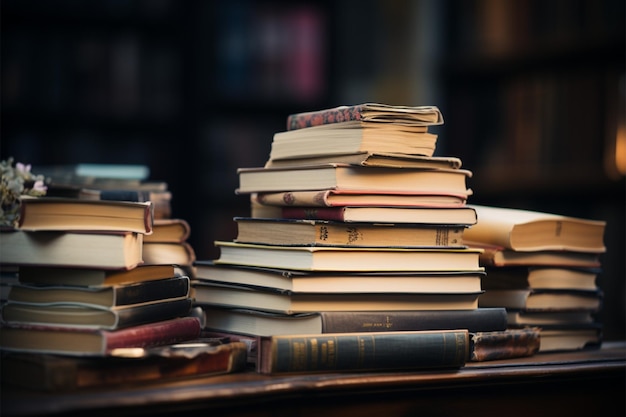 A mound of books on a table in a librarys ambiance