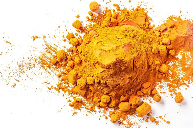 Photo a mound of dispersed powdered turmeric isolated on white generative ai