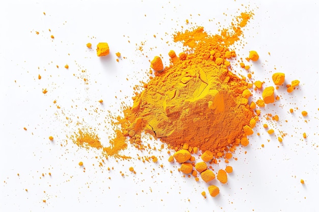 Photo a mound of dispersed powdered turmeric isolated on white generative ai