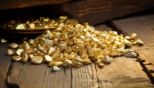 Mound of Gold on an Old Wooden Work Table