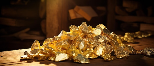 Foto mound of gold on an old wooden table