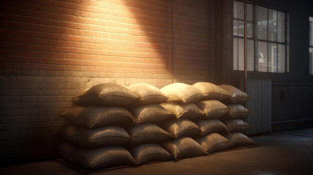 A mound of sand against a textured brick wall