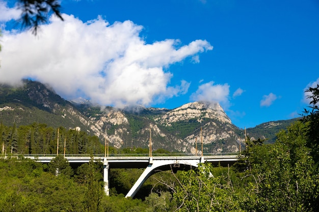 Mount Avunda with a road bridge in the Mountainous Crimea. Landscape