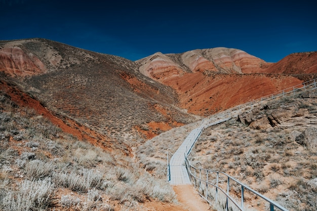 Mount Bogdo. Landscape of red mountains. Reserve photo. Ladder in the mountains.