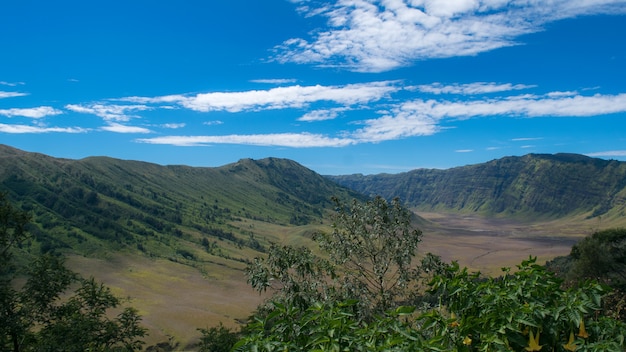 Mount Bromo view with beautiful blue sky.