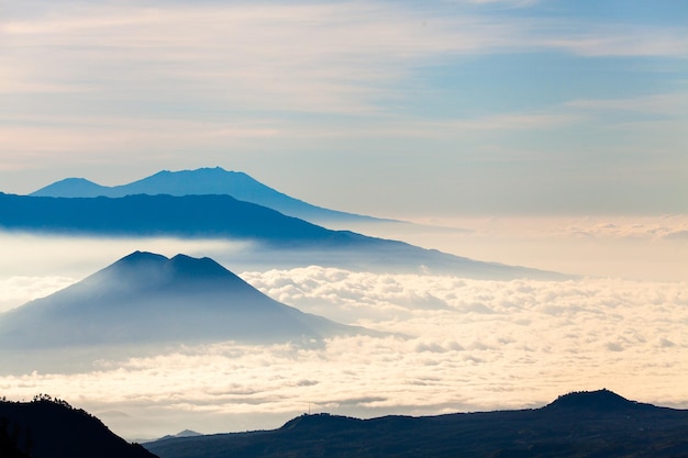 Mount Bromo volcano Gunung Bromo during sunrise from viewpoint on Mount Penanjakan in East Java Indonesia