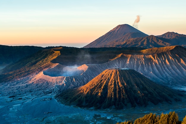 Mount Bromo volcano (Gunung Bromo) during sunrise from viewpoint on Mount Penanjakan