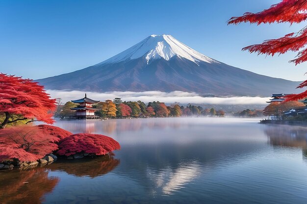 Mount Fuji in Autumn Vibrant Colors at Lake Kawaguchiko