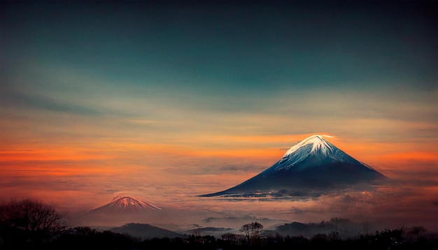 Mount Fuji avond kleurrijke lucht schilderij