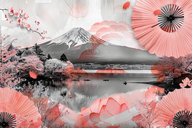 Photo mount fuji dawn and cherry blossom collage