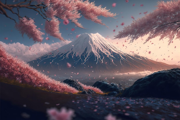 Mount Fuji en golvende verspreide sakura-bloemblaadjes