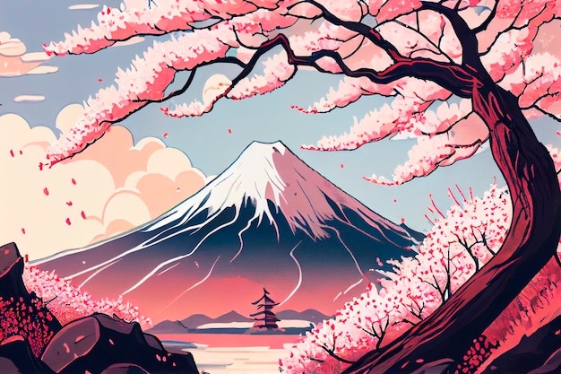 Mount fuji en kersenbloesem landschap japanse manga illustratie