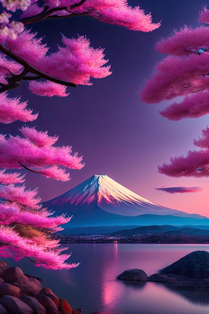 Mount Fuji en kersenbloesem landschap van Kawaguchiko meer Mount Fuji op mysterieuze nacht met grote maan Digitale kunstwerk