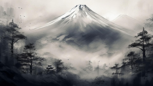 Mount fuji is a japanese mountain that is covered in fog.