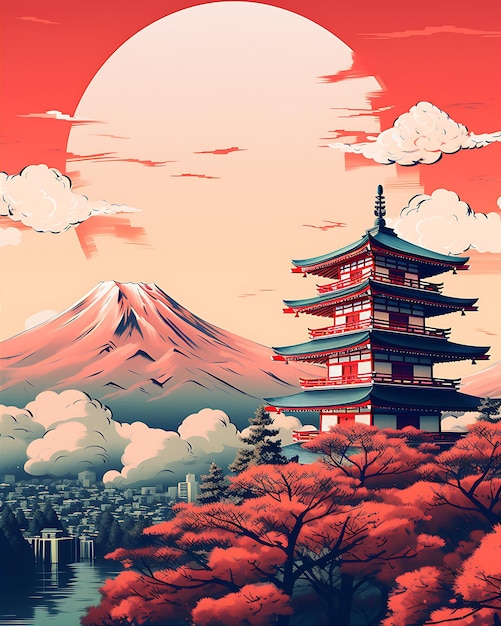 Mount Fuji Japan with Red Pagoda