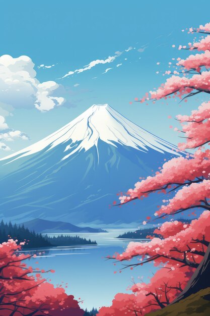 Mount Fuji mountains landscape near lake Kawaguchi Japan illustration Generative ai
