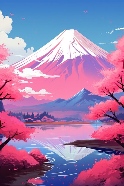 Mount Fuji mountains landscape near lake Kawaguchi Japan illustration Generative ai