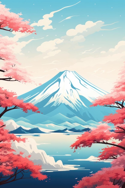 Mount Fuji mountains landscape near lake Kawaguchi Japan illustration Generative ai