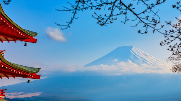 Mount Fuji, red Chureito Pagoda temple in japan 
