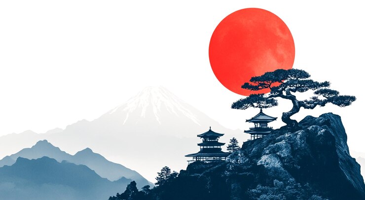 Foto mount fuji red sun in een japans papercut-stijl landschap met bonsai-bomen en traditionele elementen