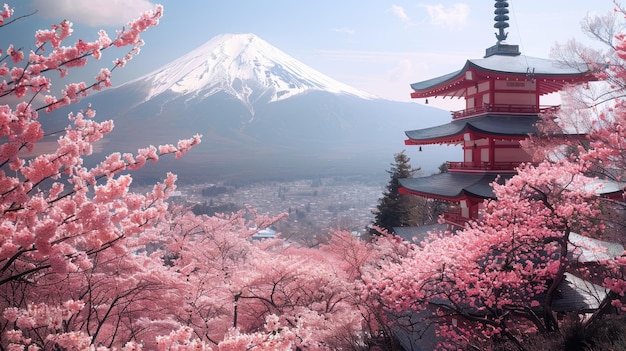 Mount Fuji in Spring Chureito Pagoda and Cherry blossom Sakura Japan